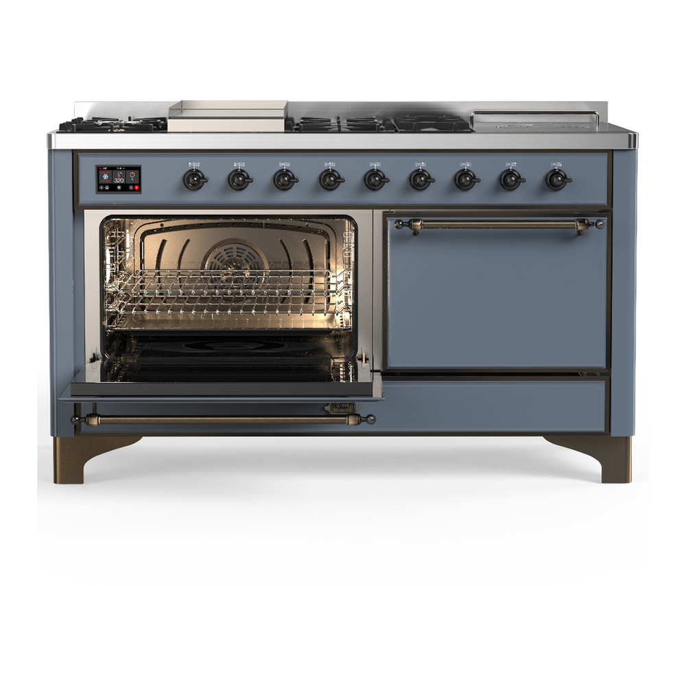 ILVE UM60FSQNR3BGBLP Majestic III 60 inch Dual Fuel Range with 7 Burners, Griddle and French Top, Dual Function Burner with up to 25,000 BTU (Liquid Propane, Solid Door, Blue Grey, Burnished) 3 ILVE-UM60FSQNR3BGBLP-Primary Oven Open View