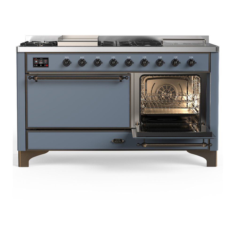 ILVE UM60FSQNR3BGBLP Majestic III 60 inch Dual Fuel Range with 7 Burners, Griddle and French Top, Dual Function Burner with up to 25,000 BTU (Liquid Propane, Solid Door, Blue Grey, Burnished) 4 ILVE-UM60FSQNR3BGBLP-Secondary Oven Open View