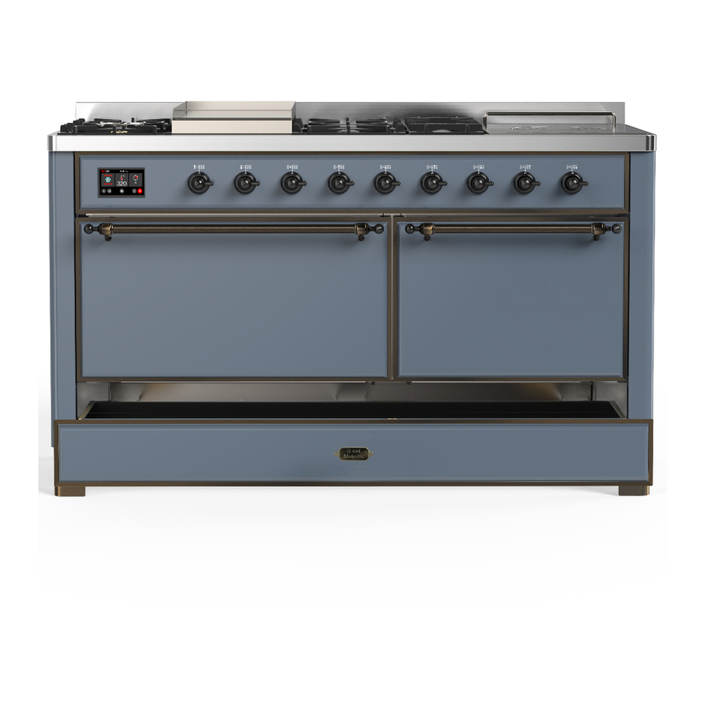 ILVE UM60FSQNR3BGBLP Majestic III 60 inch Dual Fuel Range with 7 Burners, Griddle and French Top, Dual Function Burner with up to 25,000 BTU (Liquid Propane, Solid Door, Blue Grey, Burnished) 5 ILVE-UM60FSQNR3BGBLP-Drawer Open View