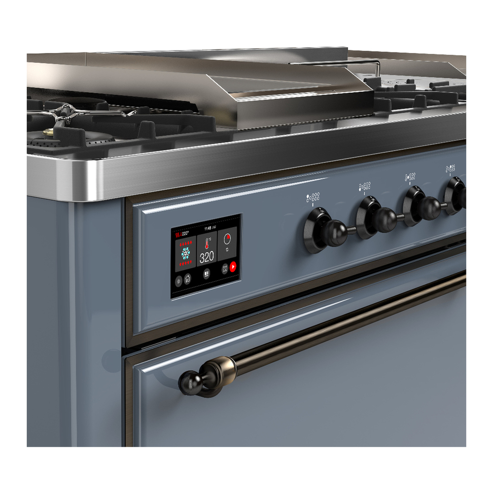 ILVE UM60FSQNR3BGBLP Majestic III 60 inch Dual Fuel Range with 7 Burners, Griddle and French Top, Dual Function Burner with up to 25,000 BTU (Liquid Propane, Solid Door, Blue Grey, Burnished) 7 ILVE-UM60FSQNR3BGBLP-Control Knobs View