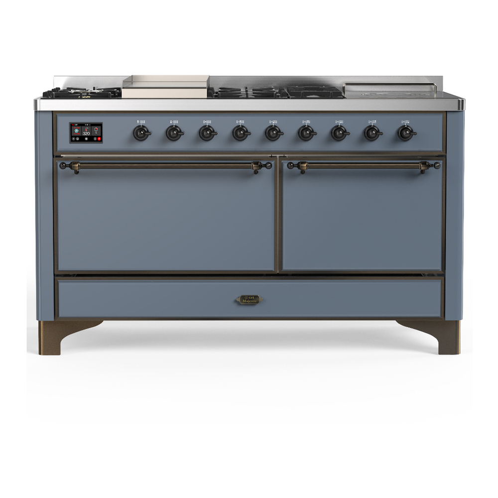 ILVE UM60FSQNR3BGB Majestic III 60 inch Dual Fuel Range with 7 Burners, Griddle and French Top, Dual Function Burner with up to 25,000 BTU (Natural Gas, Solid Door, Blue Grey, Burnished) 1 UM60FSQNR3BGB