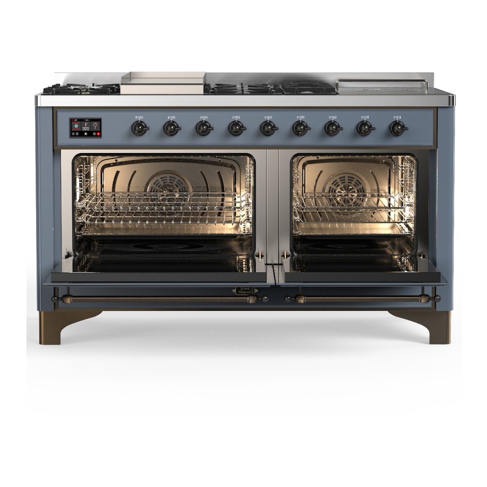 ILVE UM60FSQNR3BGB Majestic III 60 inch Dual Fuel Range with 7 Burners, Griddle and French Top, Dual Function Burner with up to 25,000 BTU (Natural Gas, Solid Door, Blue Grey, Burnished) 2 ILVE-UM60FSQNR3BGB-Double Oven Open View