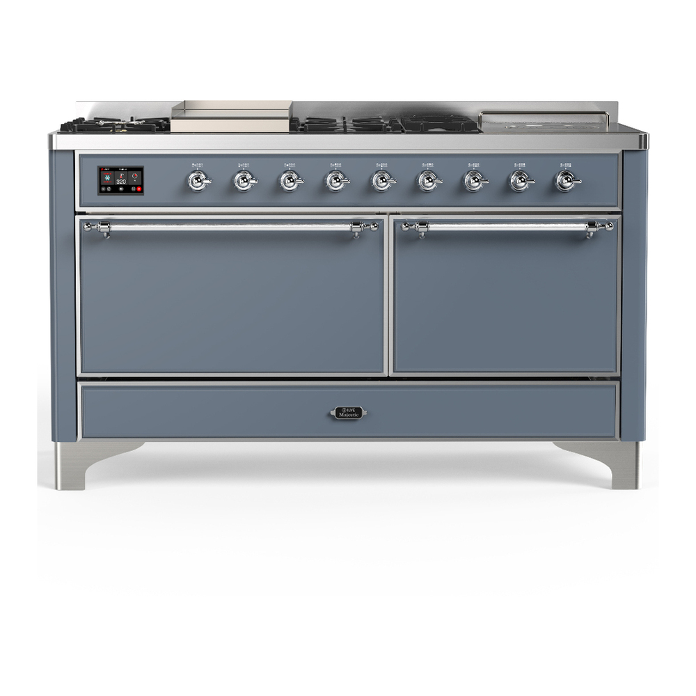 ILVE UM60FSQNR3BGCLP Majestic III 60 inch Dual Fuel Range with 7 Burners, Griddle and French Top, Dual Function Burner with up to 25,000 BTU (Liquid Propane, Solid Door, Blue Grey, Chrome) 1 UM60FSQNR3BGCLP