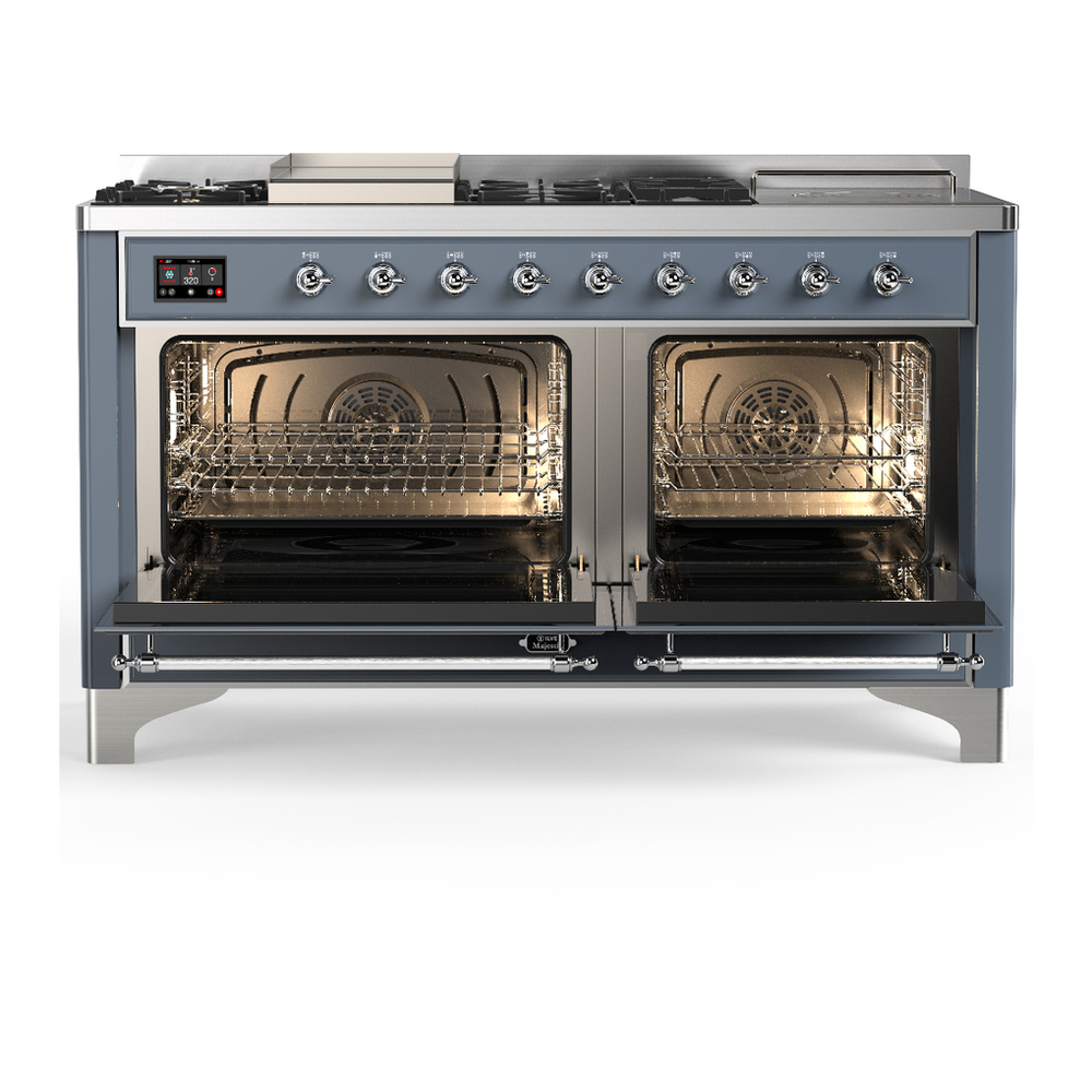 ILVE UM60FSQNR3BGCLP Majestic III 60 inch Dual Fuel Range with 7 Burners, Griddle and French Top, Dual Function Burner with up to 25,000 BTU (Liquid Propane, Solid Door, Blue Grey, Chrome) 2 ILVE-UM60FSQNR3BGCLP-Double Oven Open View
