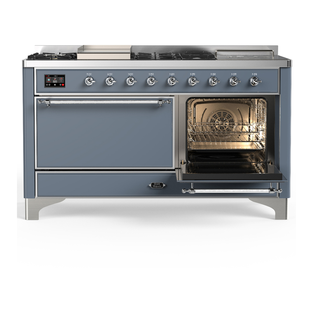 ILVE UM60FSQNR3BGCLP Majestic III 60 inch Dual Fuel Range with 7 Burners, Griddle and French Top, Dual Function Burner with up to 25,000 BTU (Liquid Propane, Solid Door, Blue Grey, Chrome) 4 ILVE-UM60FSQNR3BGCLP-Secondary Oven Open View