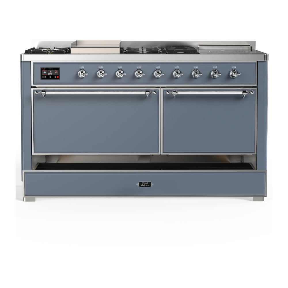 ILVE UM60FSQNR3BGCLP Majestic III 60 inch Dual Fuel Range with 7 Burners, Griddle and French Top, Dual Function Burner with up to 25,000 BTU (Liquid Propane, Solid Door, Blue Grey, Chrome) 5 ILVE-UM60FSQNR3BGCLP-Drawer Open View