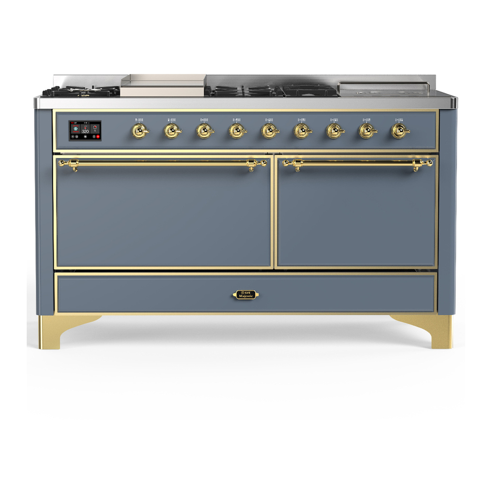 ILVE UM60FSQNR3BGGLP Majestic III 60 inch Dual Fuel Range with 7 Burners, Griddle and French Top, Dual Function Burner with up to 25,000 BTU (Liquid Propane, Solid Door, Blue Grey, Brass) 1 UM60FSQNR3BGGLP