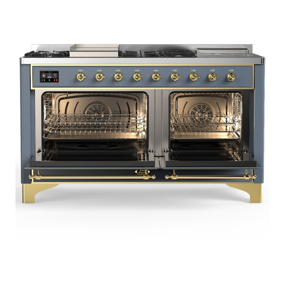 ILVE UM60FSQNR3BGGLP Majestic III 60 inch Dual Fuel Range with 7 Burners, Griddle and French Top, Dual Function Burner with up to 25,000 BTU (Liquid Propane, Solid Door, Blue Grey, Brass) 2 ILVE-UM60FSQNR3BGGLP-Double Oven Open View
