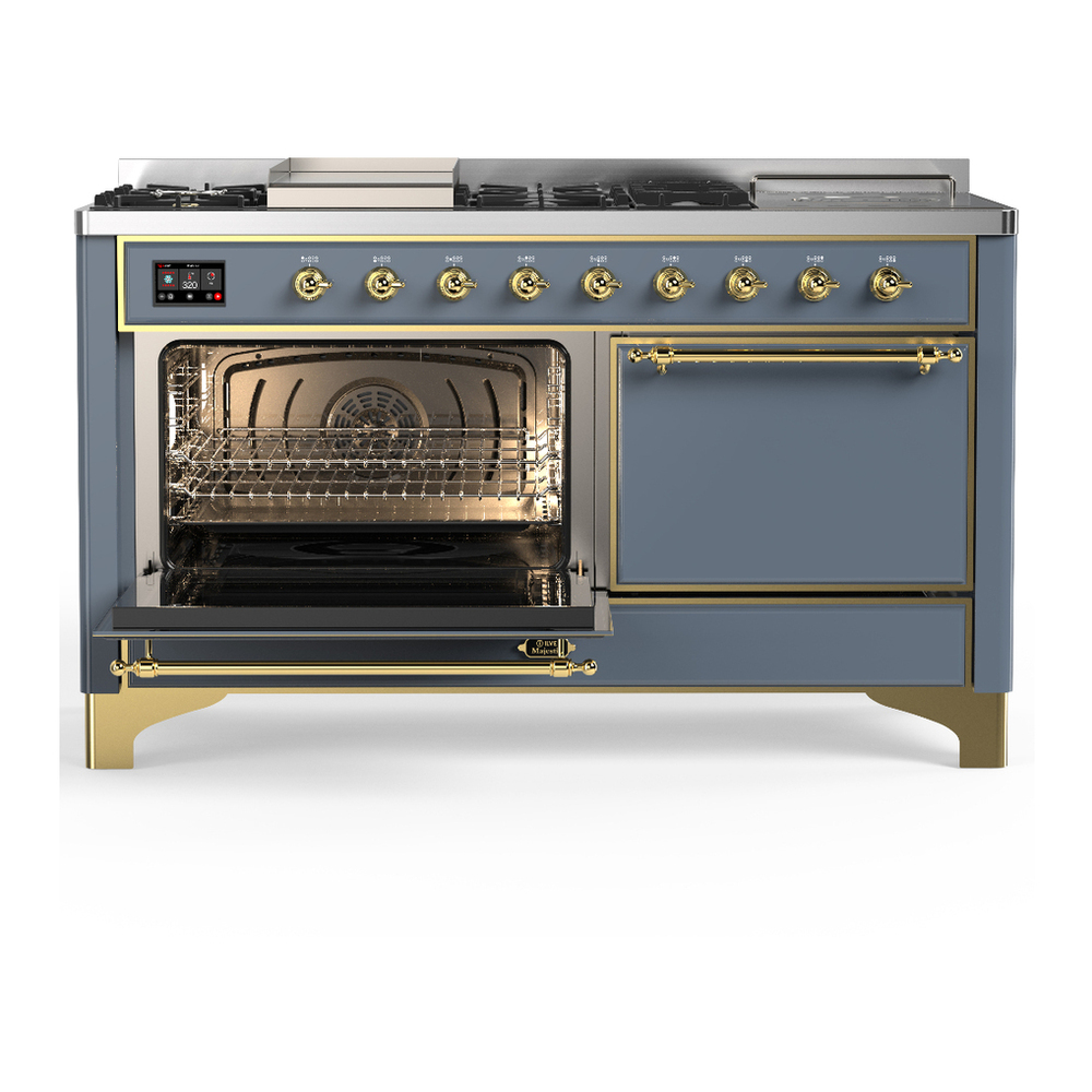 ILVE UM60FSQNR3BGGLP Majestic III 60 inch Dual Fuel Range with 7 Burners, Griddle and French Top, Dual Function Burner with up to 25,000 BTU (Liquid Propane, Solid Door, Blue Grey, Brass) 3 ILVE-UM60FSQNR3BGGLP-Primary Oven Open View