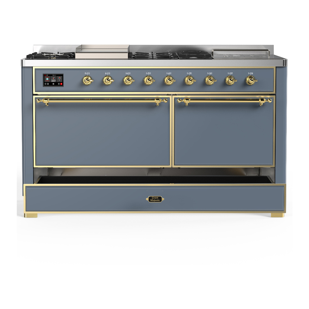 ILVE UM60FSQNR3BGGLP Majestic III 60 inch Dual Fuel Range with 7 Burners, Griddle and French Top, Dual Function Burner with up to 25,000 BTU (Liquid Propane, Solid Door, Blue Grey, Brass) 5 ILVE-UM60FSQNR3BGGLP-Drawer Open View
