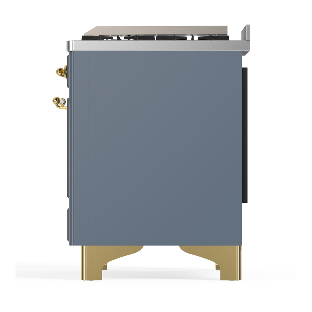ILVE UM60FSQNR3BGGLP Majestic III 60 inch Dual Fuel Range with 7 Burners, Griddle and French Top, Dual Function Burner with up to 25,000 BTU (Liquid Propane, Solid Door, Blue Grey, Brass) 9 ILVE-UM60FSQNR3BGGLP-Left Side View