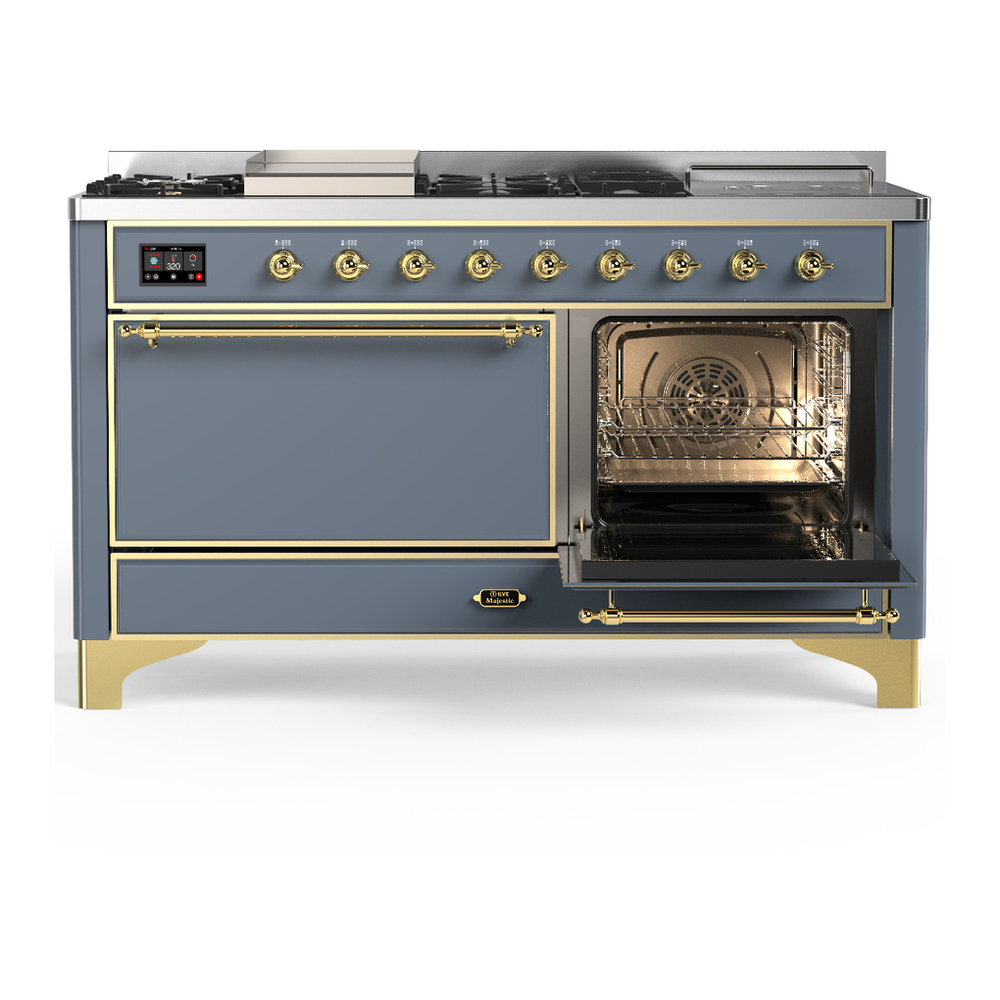 ILVE UM60FSQNR3BGG Majestic III 60 inch Dual Fuel Range with 7 Burners, Griddle and French Top, Dual Function Burner with up to 25,000 BTU (Natural Gas, Solid Door, Blue Grey, Brass) 4 ILVE-UM60FSQNR3BGG-Secondary Oven Open View