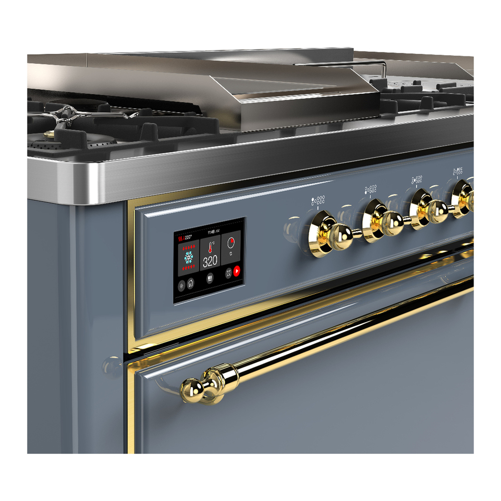 ILVE UM60FSQNR3BGG Majestic III 60 inch Dual Fuel Range with 7 Burners, Griddle and French Top, Dual Function Burner with up to 25,000 BTU (Natural Gas, Solid Door, Blue Grey, Brass) 7 ILVE-UM60FSQNR3BGG-Control Knobs View