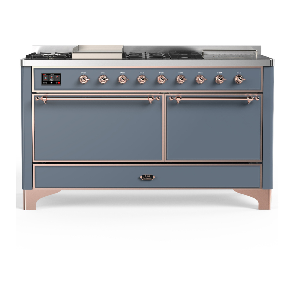 ILVE UM60FSQNR3BGPLP Majestic III 60 inch Dual Fuel Range with 7 Burners, Griddle and French Top, Dual Function Burner with up to 25,000 BTU (Liquid Propane, Solid Door, Blue Grey, Copper) 1 UM60FSQNR3BGPLP