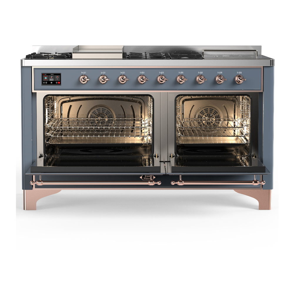 ILVE UM60FSQNR3BGPLP Majestic III 60 inch Dual Fuel Range with 7 Burners, Griddle and French Top, Dual Function Burner with up to 25,000 BTU (Liquid Propane, Solid Door, Blue Grey, Copper) 2 ILVE-UM60FSQNR3BGPLP-Double Oven Open View