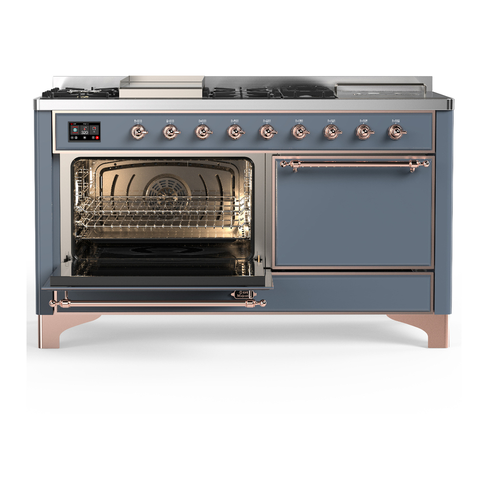 ILVE UM60FSQNR3BGPLP Majestic III 60 inch Dual Fuel Range with 7 Burners, Griddle and French Top, Dual Function Burner with up to 25,000 BTU (Liquid Propane, Solid Door, Blue Grey, Copper) 3 ILVE-UM60FSQNR3BGPLP-Primary Oven Open View