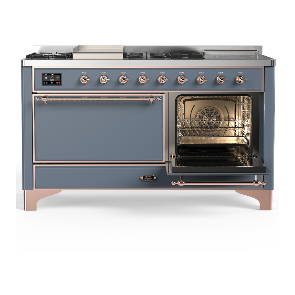 ILVE UM60FSQNR3BGPLP Majestic III 60 inch Dual Fuel Range with 7 Burners, Griddle and French Top, Dual Function Burner with up to 25,000 BTU (Liquid Propane, Solid Door, Blue Grey, Copper) 4 ILVE-UM60FSQNR3BGPLP-Secondary Oven Open View