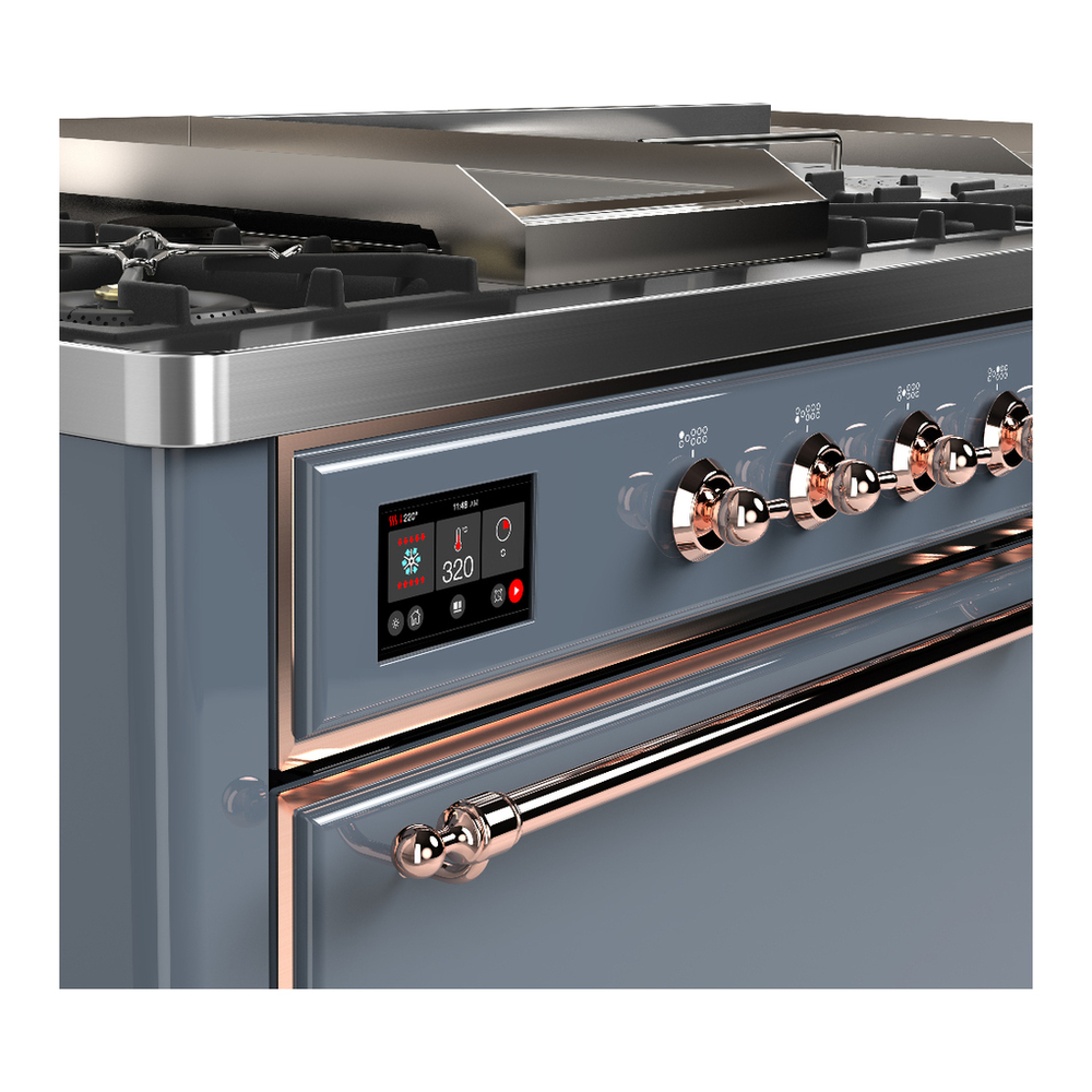 ILVE UM60FSQNR3BGPLP Majestic III 60 inch Dual Fuel Range with 7 Burners, Griddle and French Top, Dual Function Burner with up to 25,000 BTU (Liquid Propane, Solid Door, Blue Grey, Copper) 7 ILVE-UM60FSQNR3BGPLP-Control Knobs View