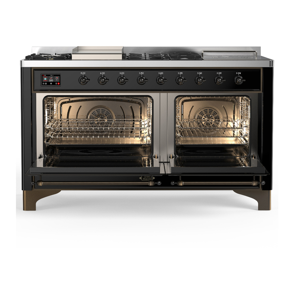 ILVE UM60FSQNR3BKBLP Majestic III 60 inch Dual Fuel Range with 7 Burners, Griddle and French Top, Dual Function Burner with up to 25,000 BTU (Liquid Propane, Solid Door, Glossy Black, Burnished) 2 ILVE-UM60FSQNR3BKBLP-Double Oven Open View