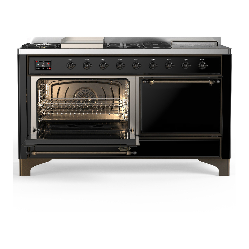 ILVE UM60FSQNR3BKB Majestic III 60 inch Dual Fuel Range with 7 Burners, Griddle and French Top, Dual Function Burner with up to 25,000 BTU (Natural Gas, Solid Door, Glossy Black, Burnished) 3 ILVE-UM60FSQNR3BKB-Primary Oven Open View