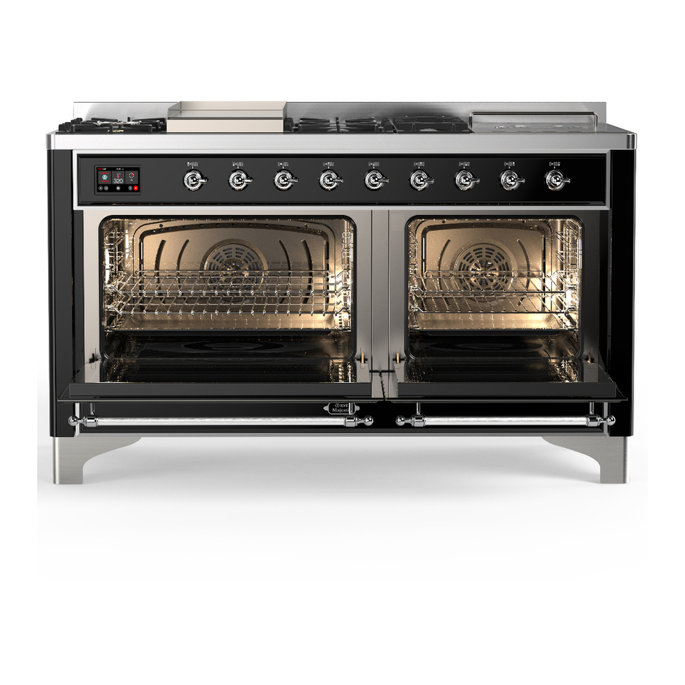 ILVE UM60FSQNR3BKCLP Majestic III 60 inch Dual Fuel Range with 7 Burners, Griddle and French Top, Dual Function Burner with up to 25,000 BTU (Liquid Propane, Solid Door, Glossy Black, Chrome) 2 ILVE-UM60FSQNR3BKCLP-Double Oven Open View