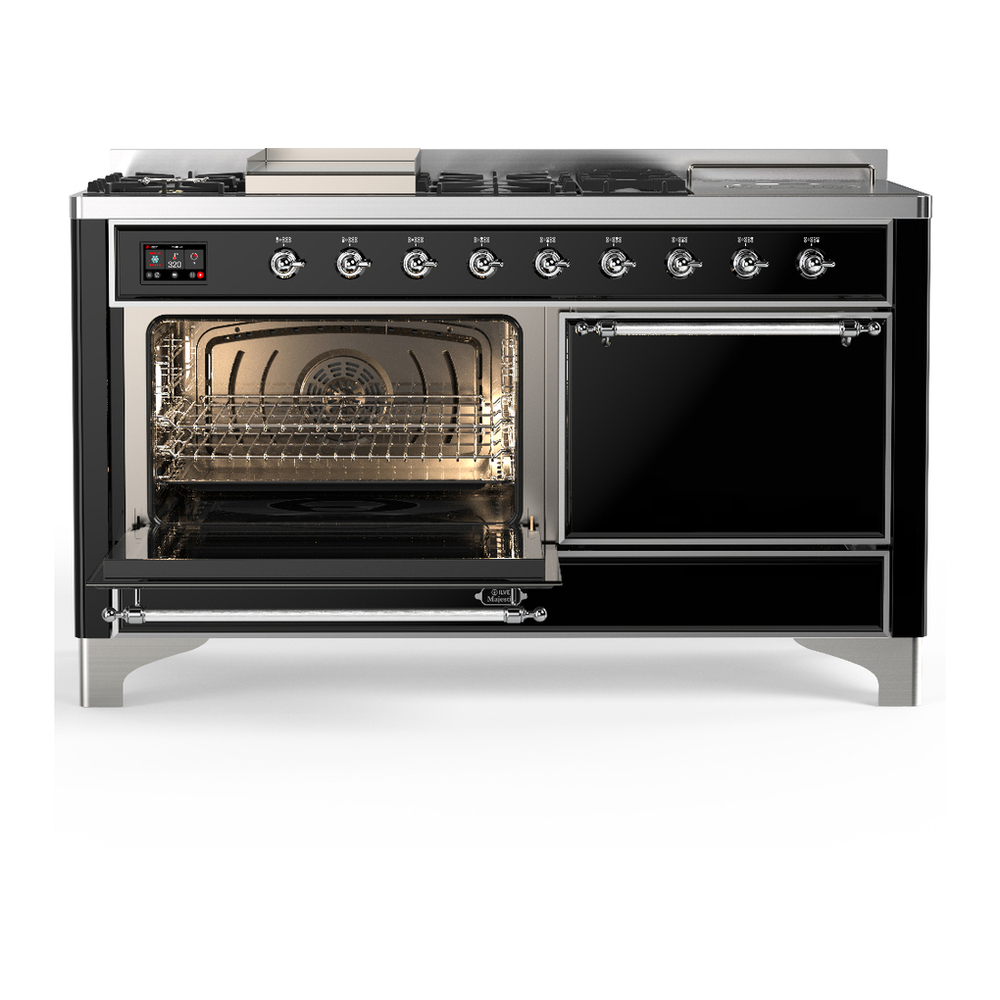 ILVE UM60FSQNR3BKCLP Majestic III 60 inch Dual Fuel Range with 7 Burners, Griddle and French Top, Dual Function Burner with up to 25,000 BTU (Liquid Propane, Solid Door, Glossy Black, Chrome) 3 ILVE-UM60FSQNR3BKCLP-Primary Oven Open View