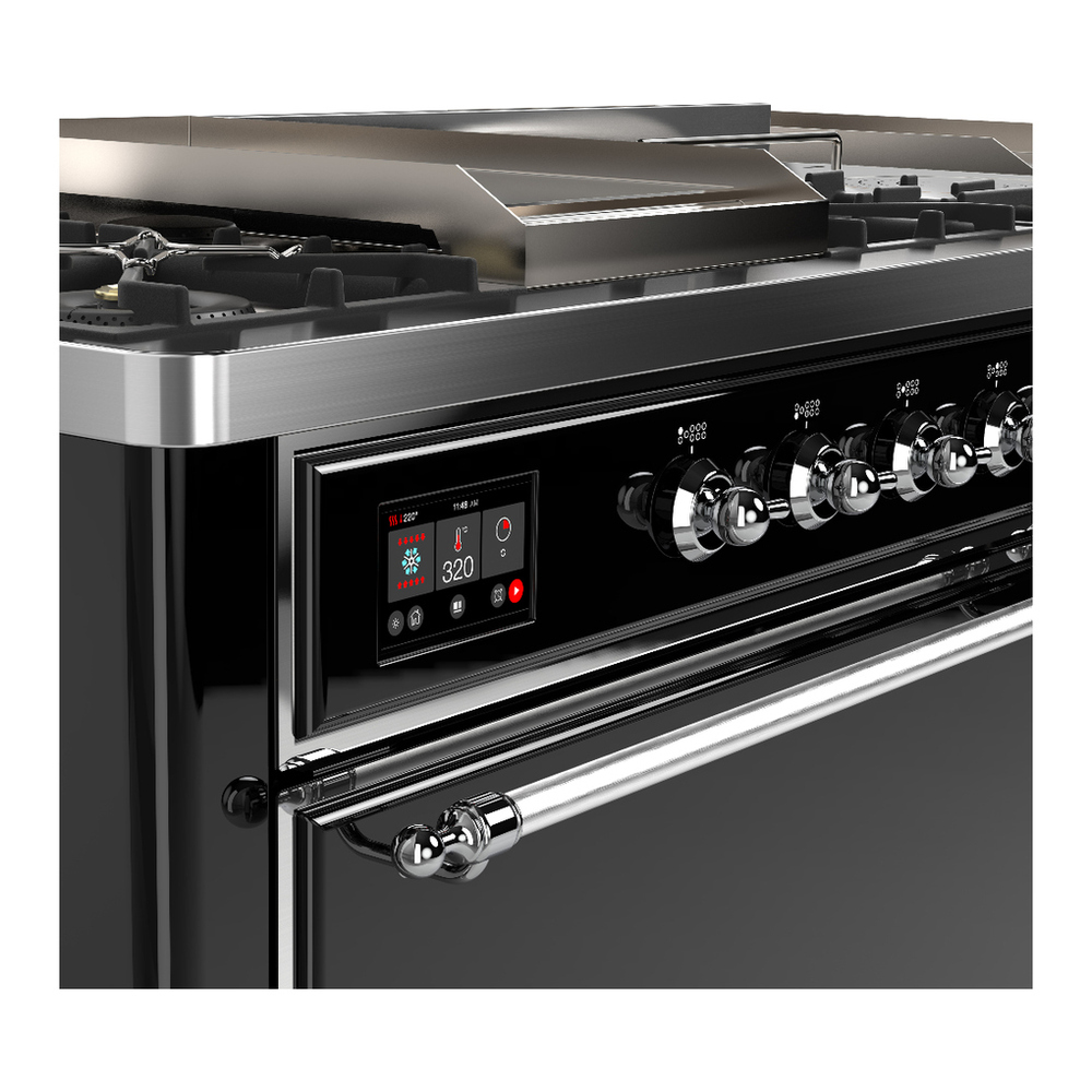 ILVE UM60FSQNR3BKCLP Majestic III 60 inch Dual Fuel Range with 7 Burners, Griddle and French Top, Dual Function Burner with up to 25,000 BTU (Liquid Propane, Solid Door, Glossy Black, Chrome) 7 ILVE-UM60FSQNR3BKCLP-Control Knobs View