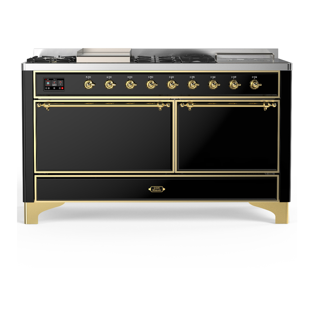 ILVE UM60FSQNR3BKGLP Majestic III 60 inch Dual Fuel Range with 7 Burners, Griddle and French Top, Dual Function Burner with up to 25,000 BTU (Liquid Propane, Solid Door, Glossy Black, Brass) 1 UM60FSQNR3BKGLP