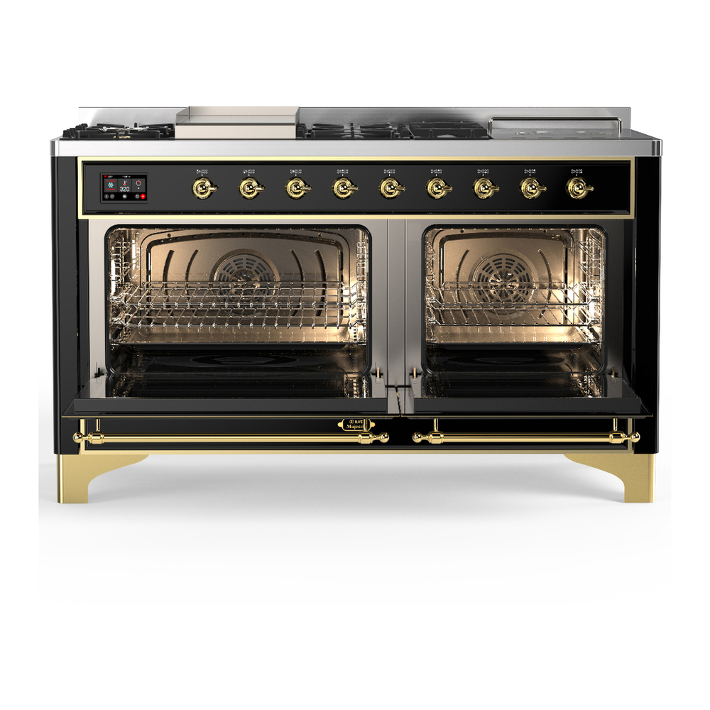 ILVE UM60FSQNR3BKGLP Majestic III 60 inch Dual Fuel Range with 7 Burners, Griddle and French Top, Dual Function Burner with up to 25,000 BTU (Liquid Propane, Solid Door, Glossy Black, Brass) 2 ILVE-UM60FSQNR3BKGLP-Double Oven Open View