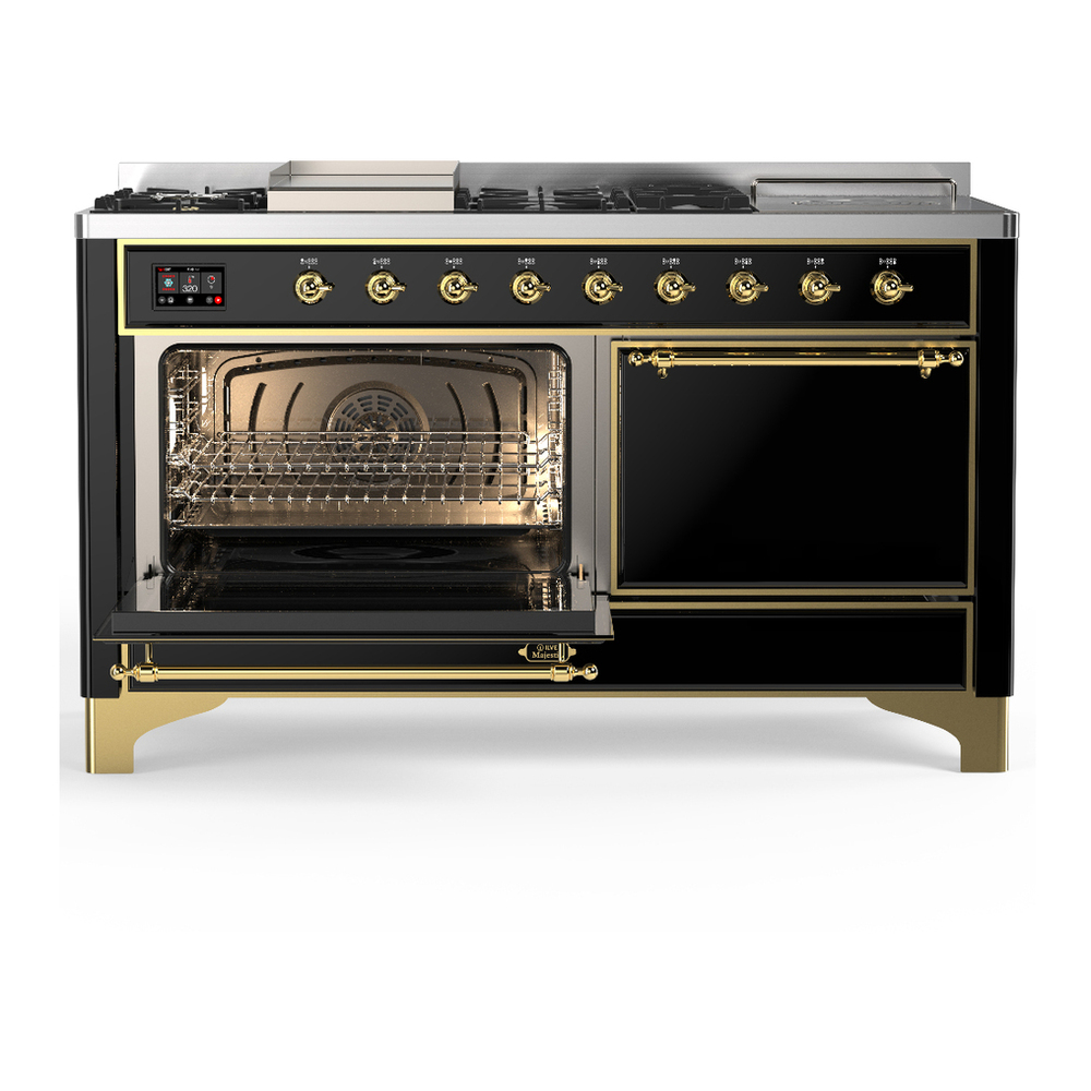 ILVE UM60FSQNR3BKGLP Majestic III 60 inch Dual Fuel Range with 7 Burners, Griddle and French Top, Dual Function Burner with up to 25,000 BTU (Liquid Propane, Solid Door, Glossy Black, Brass) 3 ILVE-UM60FSQNR3BKGLP-Primary Oven Open View