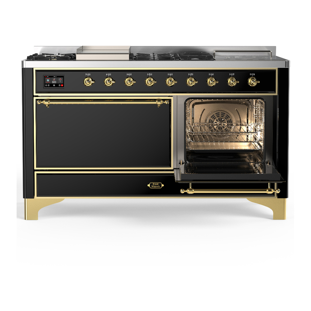 ILVE UM60FSQNR3BKGLP Majestic III 60 inch Dual Fuel Range with 7 Burners, Griddle and French Top, Dual Function Burner with up to 25,000 BTU (Liquid Propane, Solid Door, Glossy Black, Brass) 4 ILVE-UM60FSQNR3BKGLP-Secondary Oven Open View