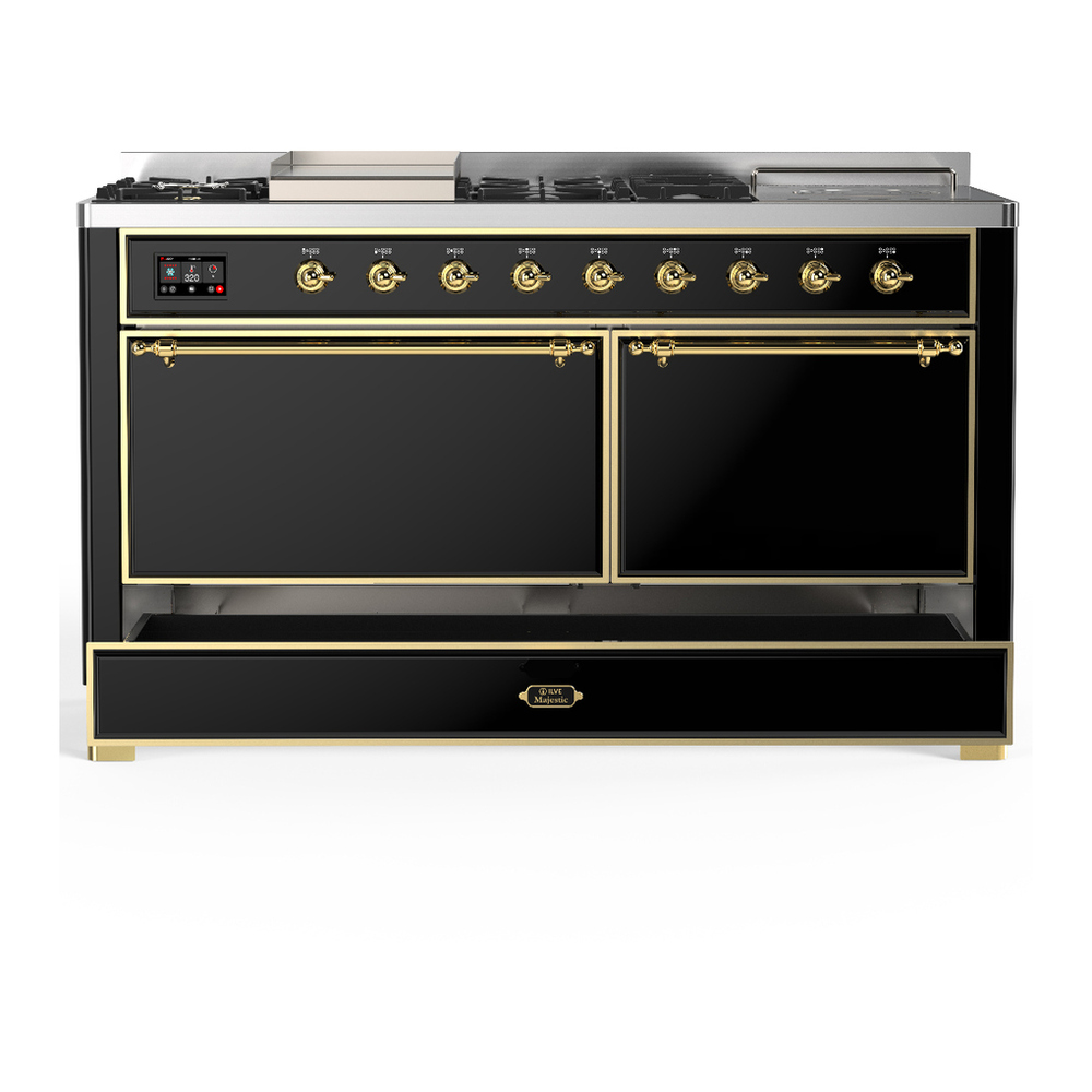 ILVE UM60FSQNR3BKGLP Majestic III 60 inch Dual Fuel Range with 7 Burners, Griddle and French Top, Dual Function Burner with up to 25,000 BTU (Liquid Propane, Solid Door, Glossy Black, Brass) 5 ILVE-UM60FSQNR3BKGLP-Drawer Open View