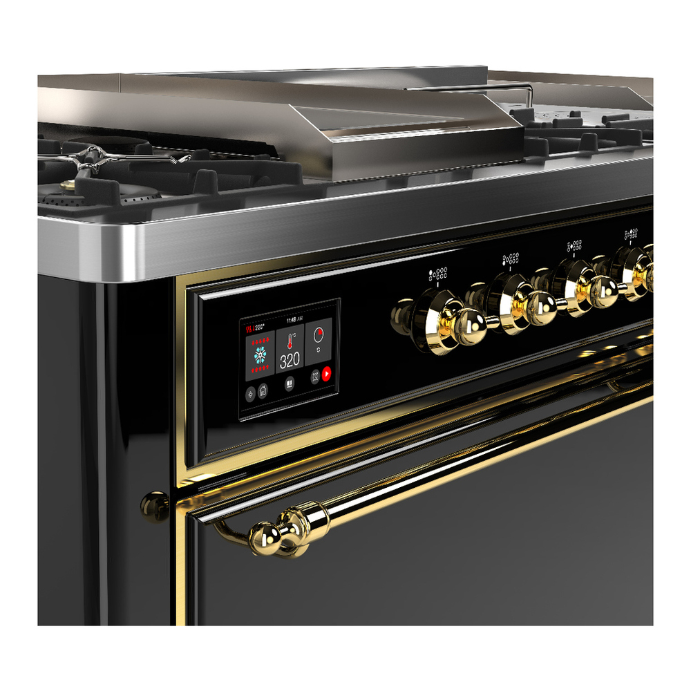 ILVE UM60FSQNR3BKGLP Majestic III 60 inch Dual Fuel Range with 7 Burners, Griddle and French Top, Dual Function Burner with up to 25,000 BTU (Liquid Propane, Solid Door, Glossy Black, Brass) 7 ILVE-UM60FSQNR3BKGLP-Control Knobs View