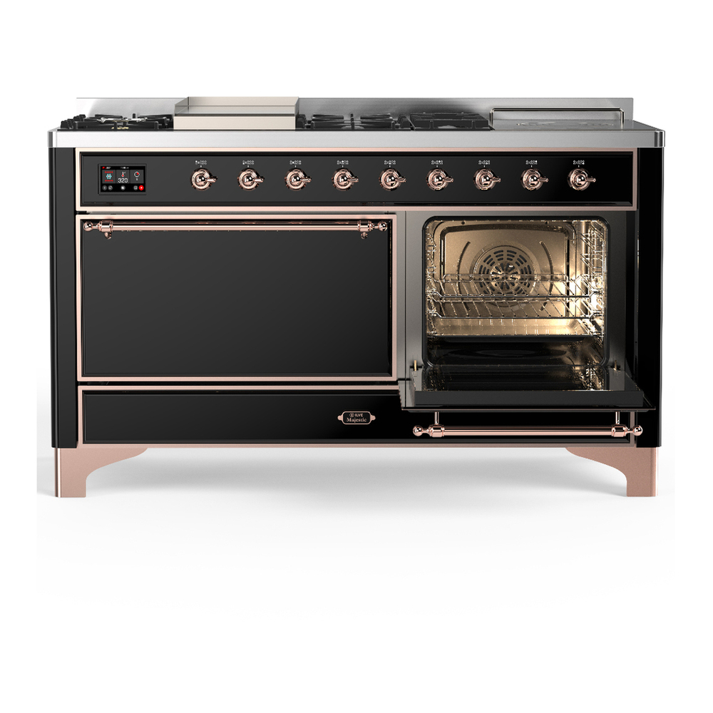ILVE UM60FSQNR3BKPLP Majestic III 60 inch Dual Fuel Range with 7 Burners, Griddle and French Top, Dual Function Burner with up to 25,000 BTU (Liquid Propane, Solid Door, Glossy Black, Copper) 4 ILVE-UM60FSQNR3BKPLP-Secondary Oven Open View