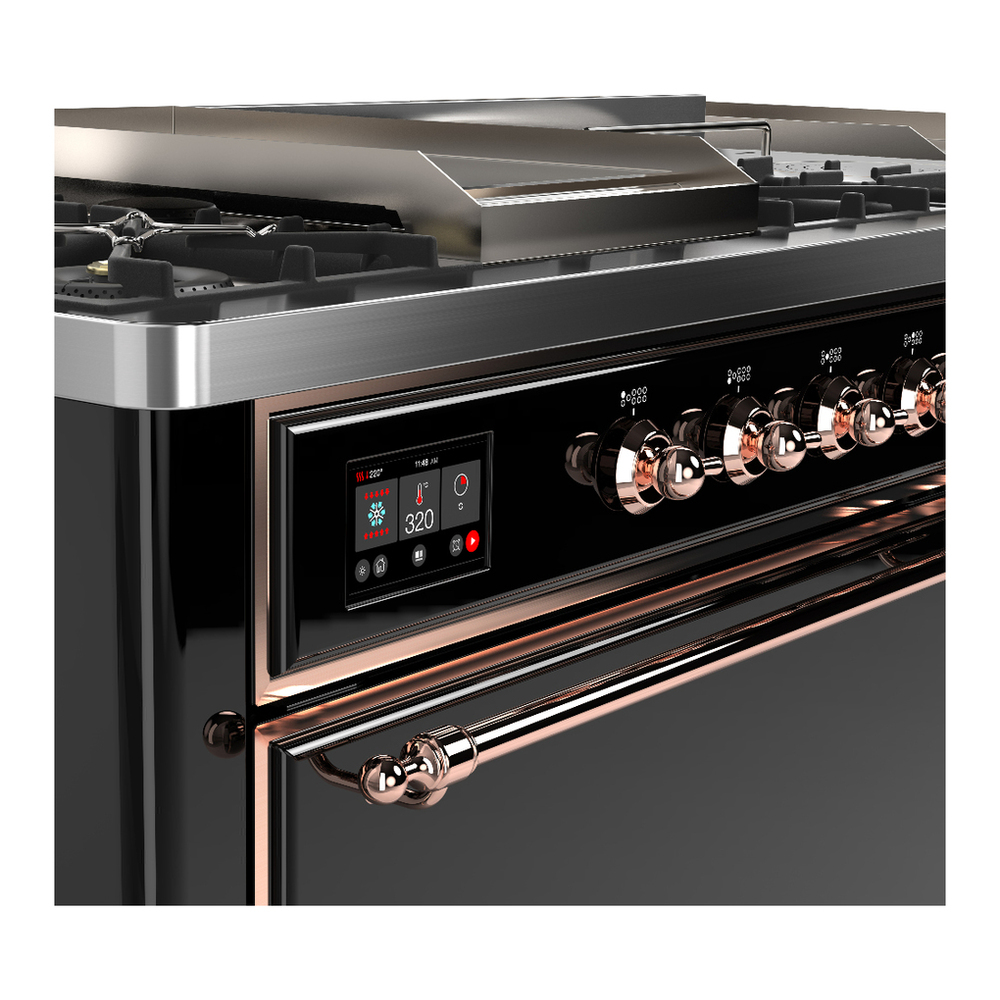 ILVE UM60FSQNR3BKPLP Majestic III 60 inch Dual Fuel Range with 7 Burners, Griddle and French Top, Dual Function Burner with up to 25,000 BTU (Liquid Propane, Solid Door, Glossy Black, Copper) 7 ILVE-UM60FSQNR3BKPLP-Control Knobs View