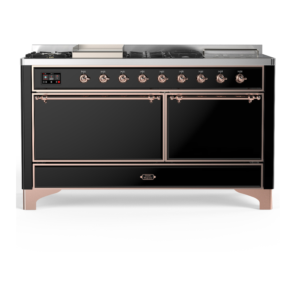 ILVE UM60FSQNR3BKP Majestic III 60 inch Dual Fuel Range with 7 Burners, Griddle and French Top, Dual Function Burner with up to 25,000 BTU (Natural Gas, Solid Door, Glossy Black, Copper) 1 UM60FSQNR3BKP