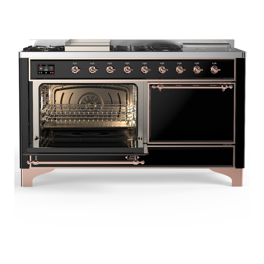 ILVE UM60FSQNR3BKP Majestic III 60 inch Dual Fuel Range with 7 Burners, Griddle and French Top, Dual Function Burner with up to 25,000 BTU (Natural Gas, Solid Door, Glossy Black, Copper) 3 ILVE-UM60FSQNR3BKP-Primary Oven Open View