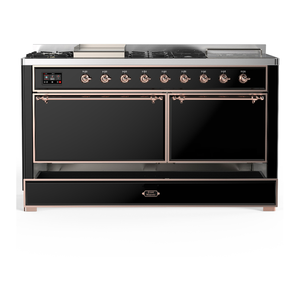 ILVE UM60FSQNR3BKP Majestic III 60 inch Dual Fuel Range with 7 Burners, Griddle and French Top, Dual Function Burner with up to 25,000 BTU (Natural Gas, Solid Door, Glossy Black, Copper) 5 ILVE-UM60FSQNR3BKP-Drawer Open View