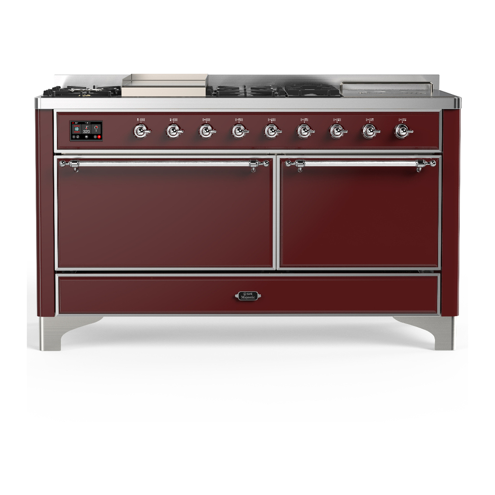 ILVE UM60FSQNR3BUCLP Majestic III 60 inch Dual Fuel Range with 7 Burners, Griddle and French Top, Dual Function Burner with up to 25,000 BTU (Liquid Propane, Solid Door, Burgundy, Chrome) 1 UM60FSQNR3BUCLP