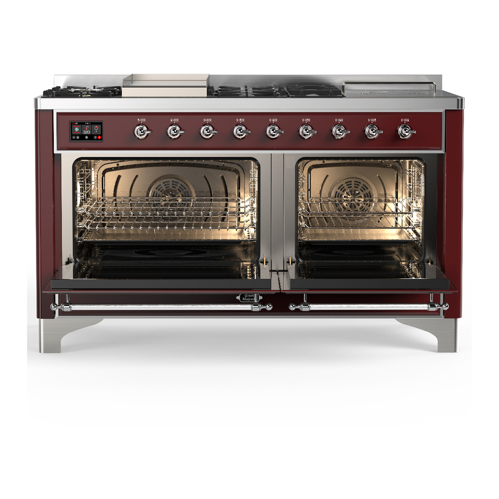 ILVE UM60FSQNR3BUCLP Majestic III 60 inch Dual Fuel Range with 7 Burners, Griddle and French Top, Dual Function Burner with up to 25,000 BTU (Liquid Propane, Solid Door, Burgundy, Chrome) 2 ILVE-UM60FSQNR3BUCLP-Double Oven Open View