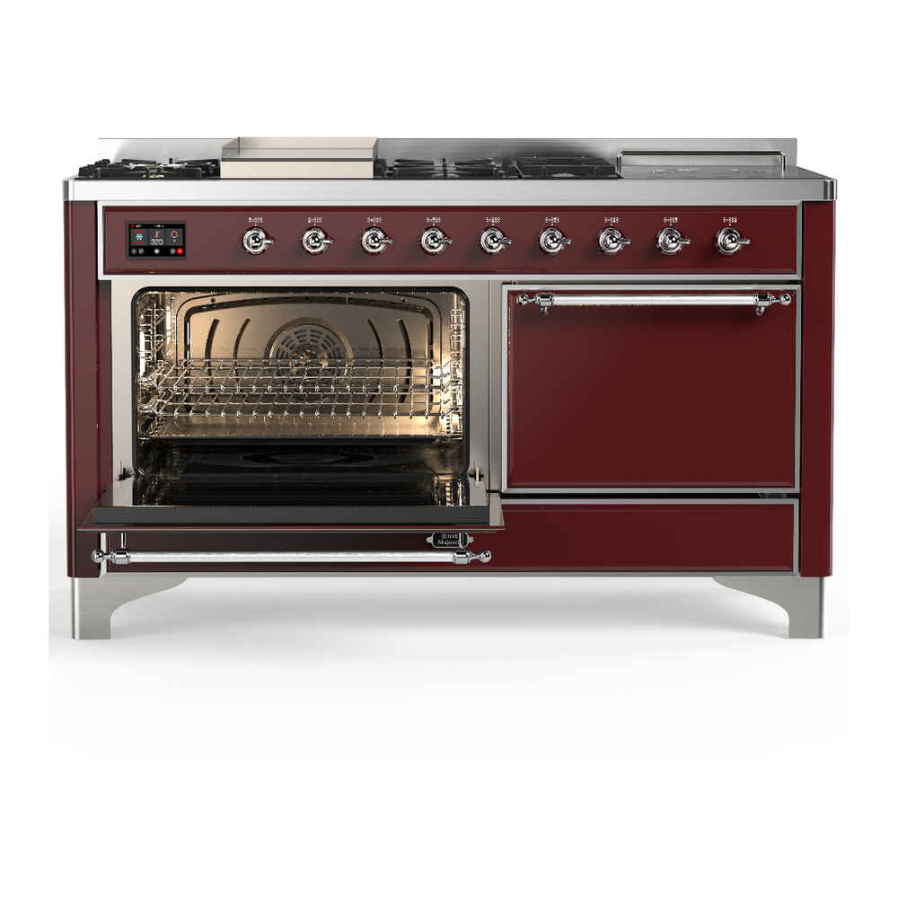 ILVE UM60FSQNR3BUCLP Majestic III 60 inch Dual Fuel Range with 7 Burners, Griddle and French Top, Dual Function Burner with up to 25,000 BTU (Liquid Propane, Solid Door, Burgundy, Chrome) 3 ILVE-UM60FSQNR3BUCLP-Primary Oven Open View