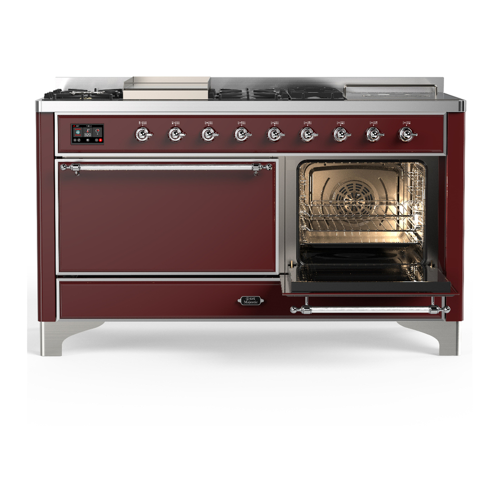 ILVE UM60FSQNR3BUCLP Majestic III 60 inch Dual Fuel Range with 7 Burners, Griddle and French Top, Dual Function Burner with up to 25,000 BTU (Liquid Propane, Solid Door, Burgundy, Chrome) 4 ILVE-UM60FSQNR3BUCLP-Secondary Oven Open View