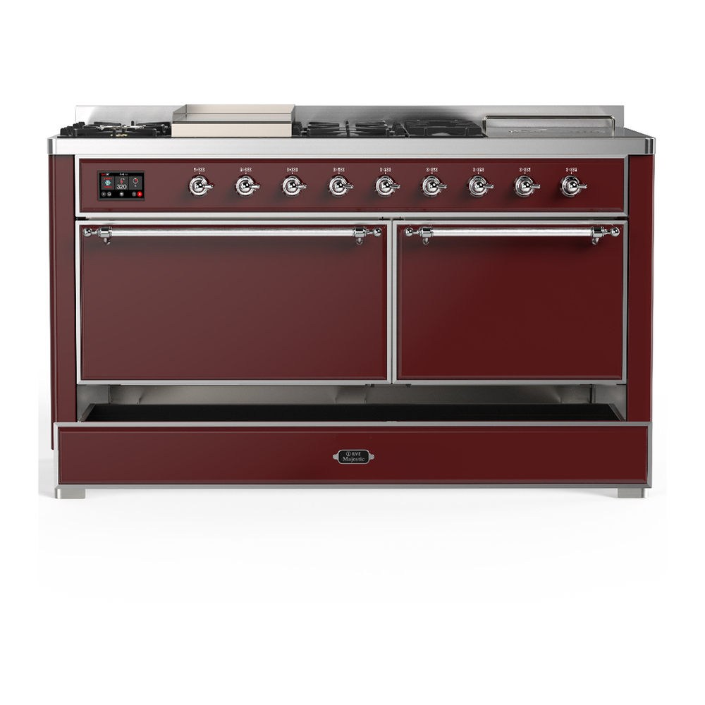 ILVE UM60FSQNR3BUCLP Majestic III 60 inch Dual Fuel Range with 7 Burners, Griddle and French Top, Dual Function Burner with up to 25,000 BTU (Liquid Propane, Solid Door, Burgundy, Chrome) 5 ILVE-UM60FSQNR3BUCLP-Drawer Open View