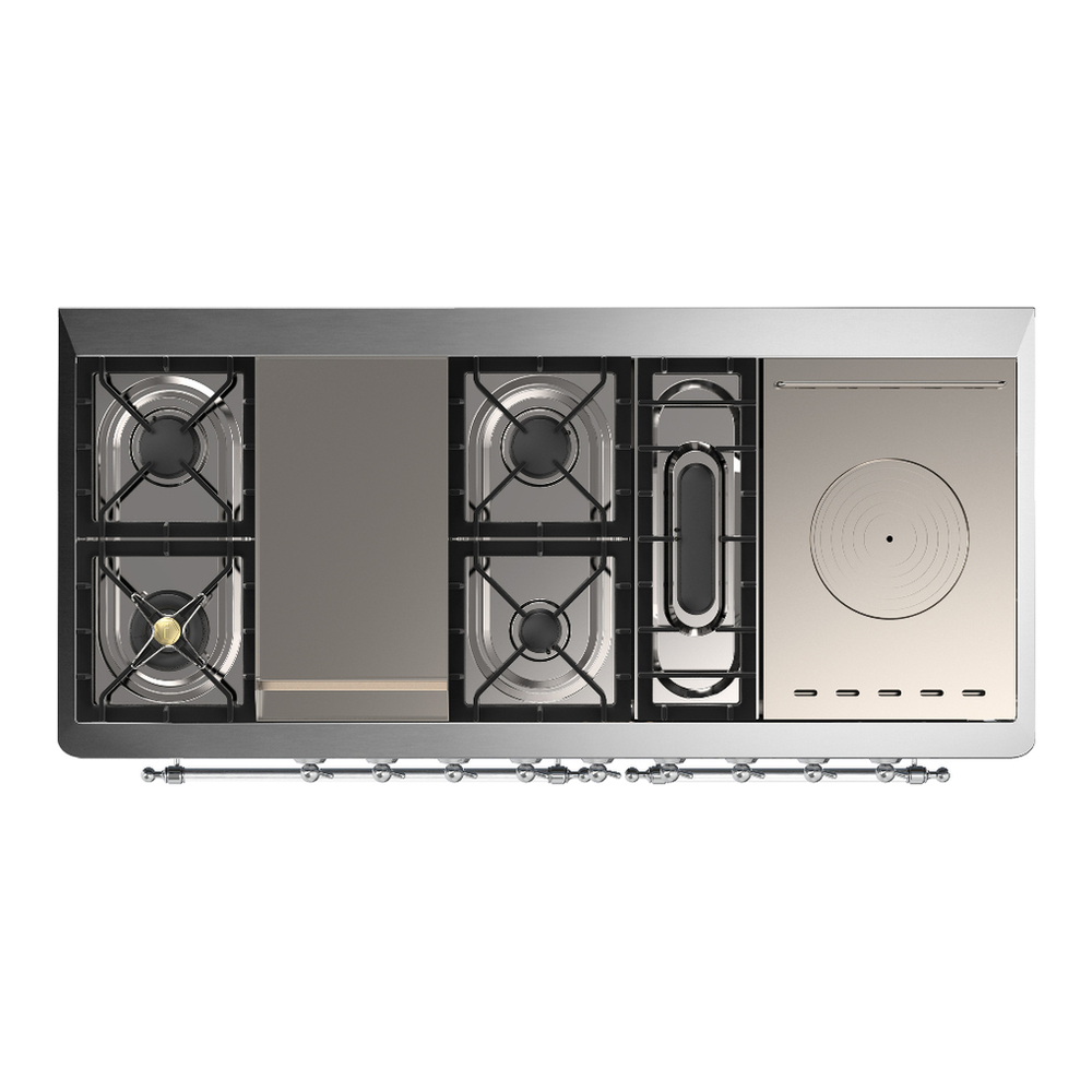 ILVE UM60FSQNR3BUCLP Majestic III 60 inch Dual Fuel Range with 7 Burners, Griddle and French Top, Dual Function Burner with up to 25,000 BTU (Liquid Propane, Solid Door, Burgundy, Chrome) 6 ILVE-UM60FSQNR3BUCLP-Top View