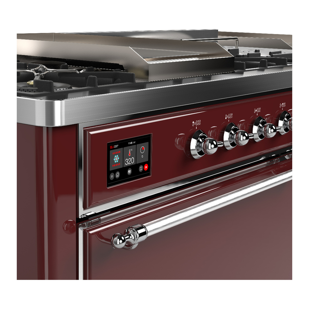 ILVE UM60FSQNR3BUCLP Majestic III 60 inch Dual Fuel Range with 7 Burners, Griddle and French Top, Dual Function Burner with up to 25,000 BTU (Liquid Propane, Solid Door, Burgundy, Chrome) 7 ILVE-UM60FSQNR3BUCLP-Control Knobs View