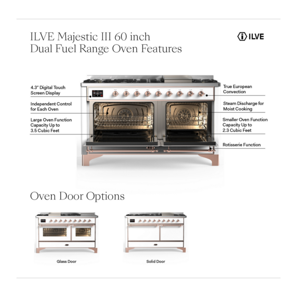 ILVE UM60FS Majestic III 60 inch Dual Fuel Range with 7 Burners, Griddle and French Top, Dual Function Burner with up to 25,000 BTU