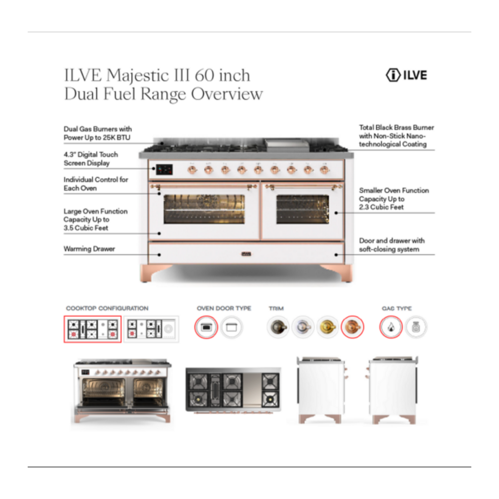 ILVE UM60FS Majestic III 60 inch Dual Fuel Range with 7 Burners, Griddle and French Top, Dual Function Burner with up to 25,000 BTU