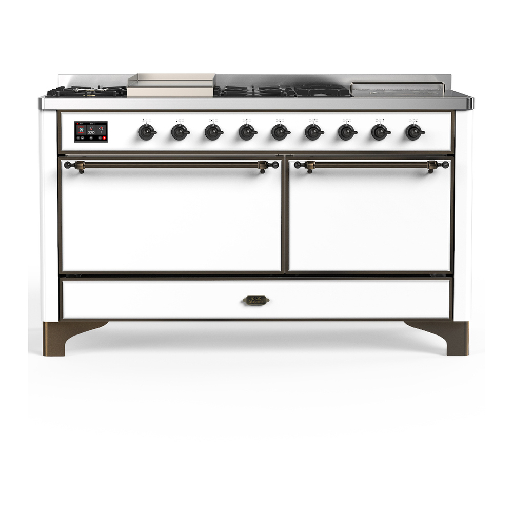 ILVE UM60FSQNR3WHBLP Majestic III 60 inch Dual Fuel Range with 7 Burners, Griddle and French Top, Dual Function Burner with up to 25,000 BTU (Liquid Propane, Solid Door, White, Burnished) 1 UM60FSQNR3WHBLP