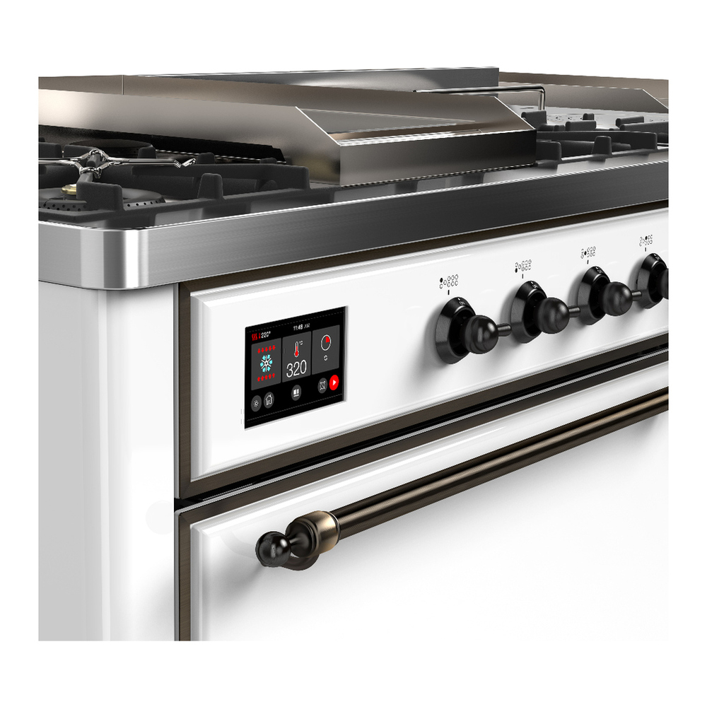 ILVE UM60FSQNR3WHBLP Majestic III 60 inch Dual Fuel Range with 7 Burners, Griddle and French Top, Dual Function Burner with up to 25,000 BTU (Liquid Propane, Solid Door, White, Burnished) 7 ILVE-UM60FSQNR3WHBLP-Control Knobs View