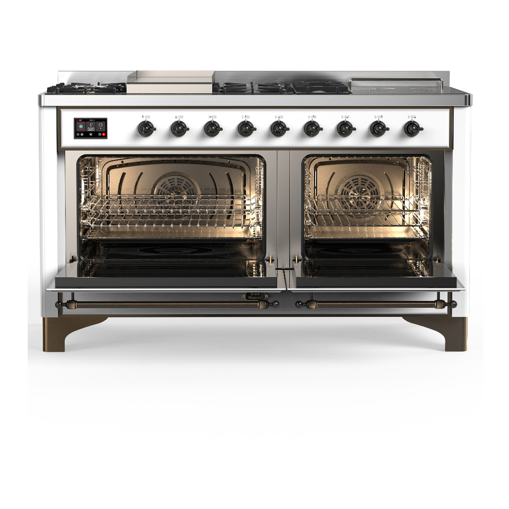 ILVE UM60FSQNR3WHBLP Majestic III 60 inch Dual Fuel Range with 7 Burners, Griddle and French Top, Dual Function Burner with up to 25,000 BTU (Liquid Propane, Solid Door, White, Burnished) 2 ILVE-UM60FSQNR3WHBLP-Double Oven Open View